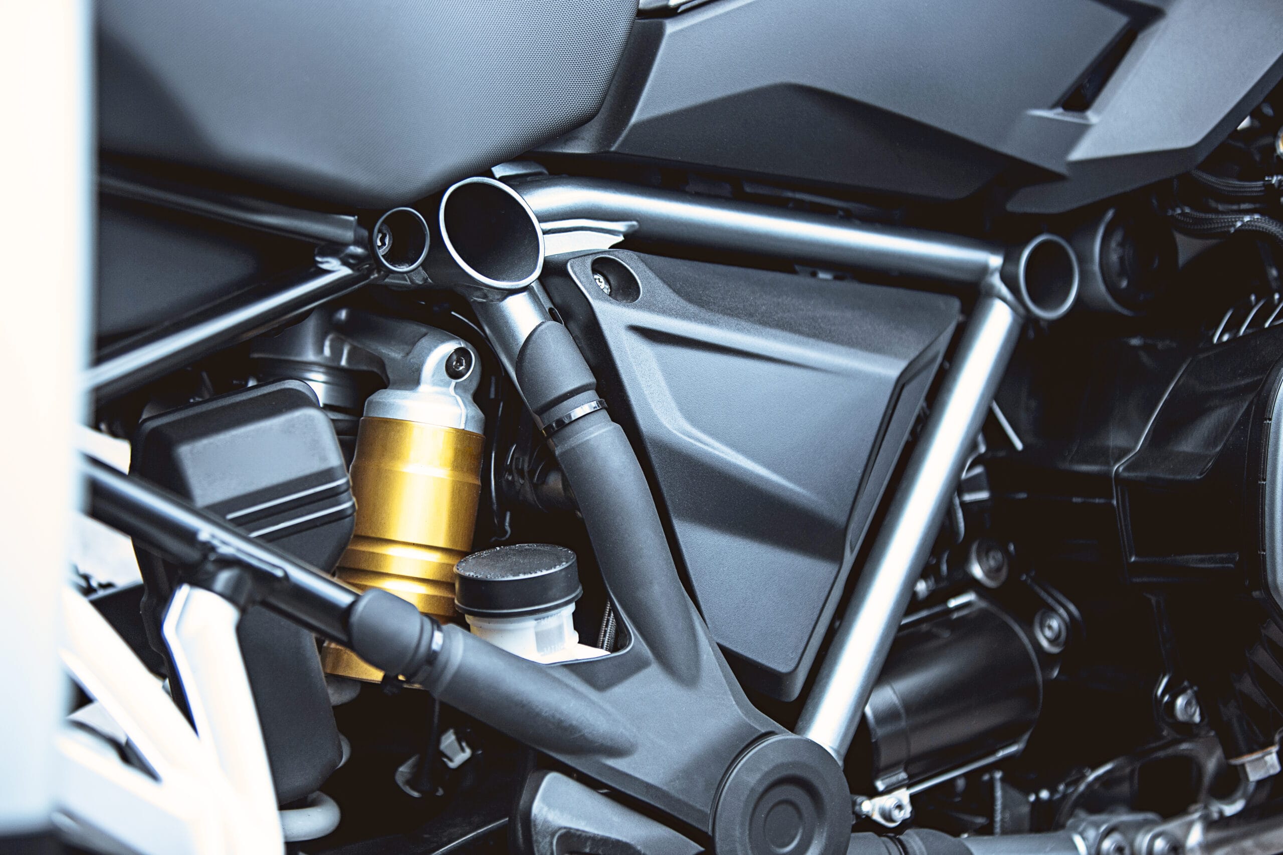 Motorcycle luxury items close-up: Motorcycle parts. Concept travel on two wheels